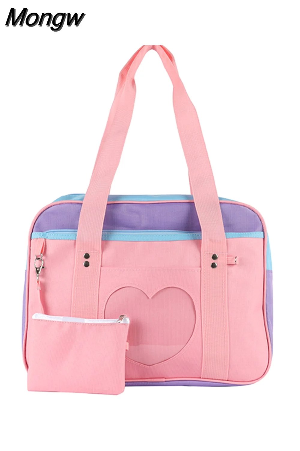 Mongw Cute Women Transparent Love Heart Patchwork Canvas Shoulder Bags