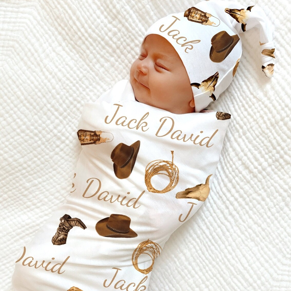 Cowboy Swaddle Set, Personalized Boy Baby BlanketDuckbe