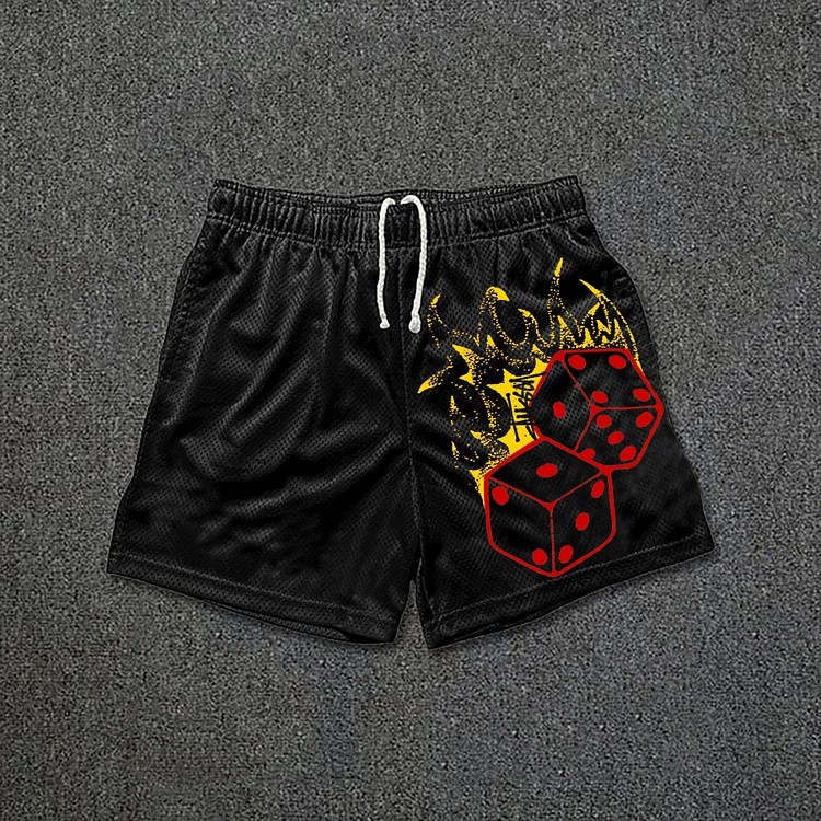 SOPULACasual Sports Drawstring Stussy Flame Dice Print Mesh Shorts