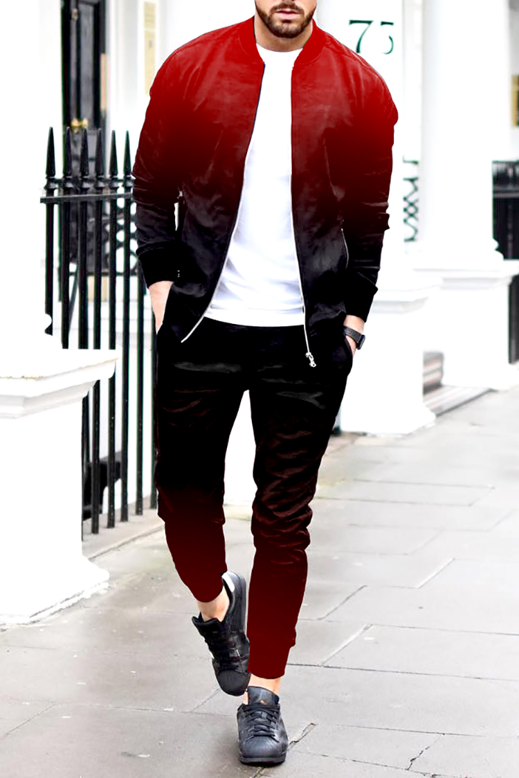 Black Red Gradient Jacket And Pants Two Piece Set