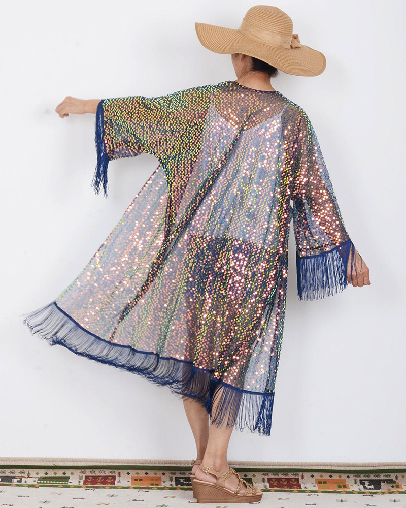 sequined fringed maxi kimono summer cardigan