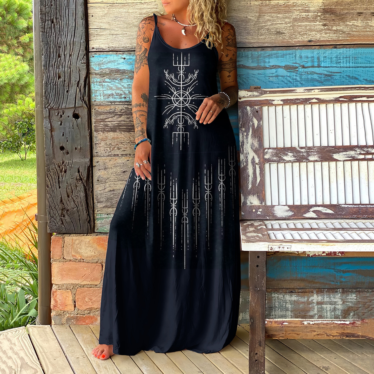 Viking Runes Ethnic Pattern Print Slip Maxi Dress