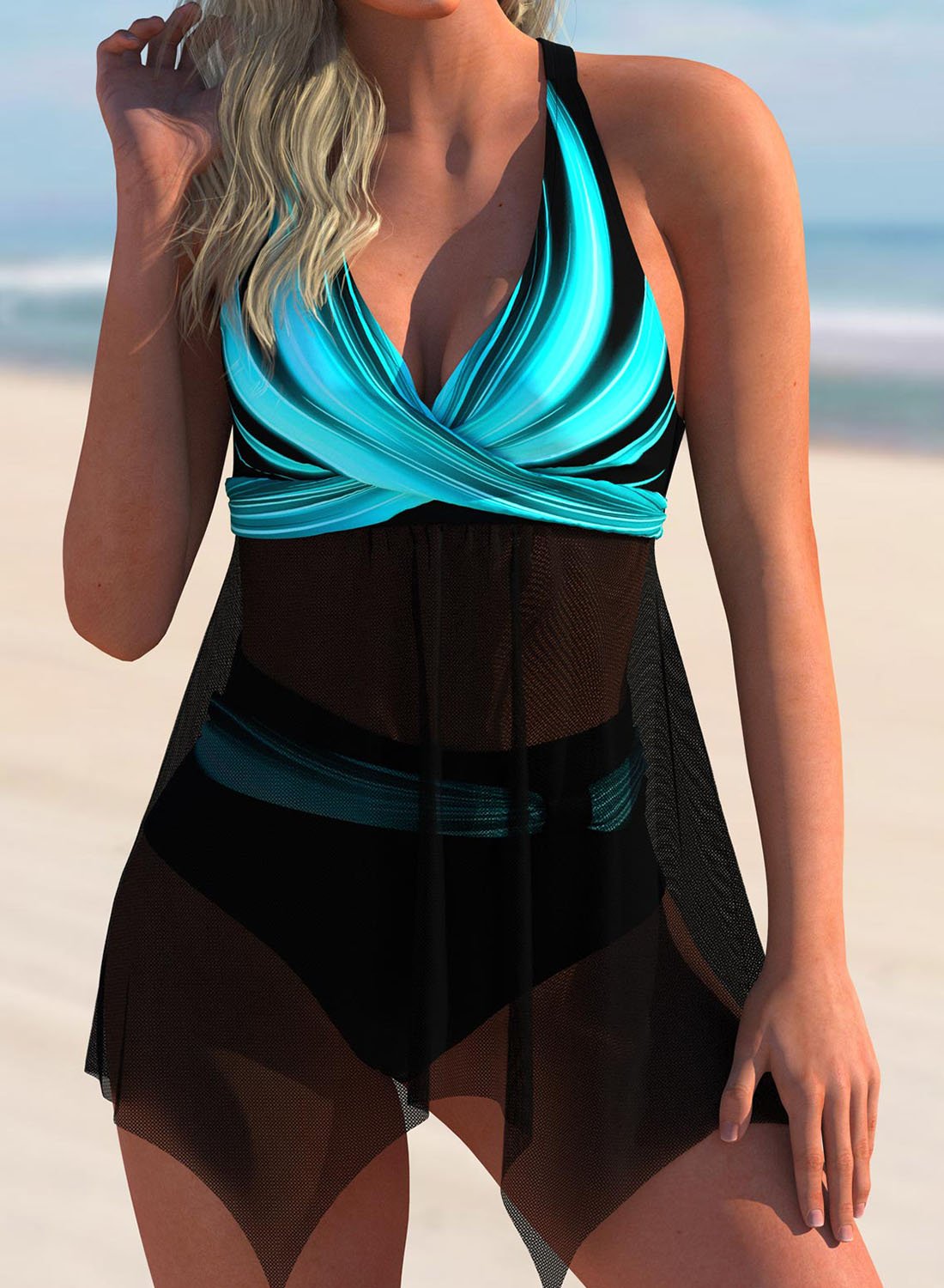 Women's Ombre Criss Cross V Neck Swimdress and Shorts Irregular Hem