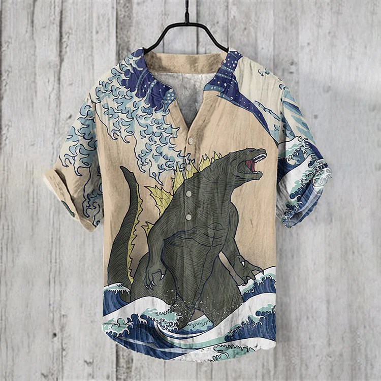Waves And Godzilla Japanese Art Print Henry Collar Shirt