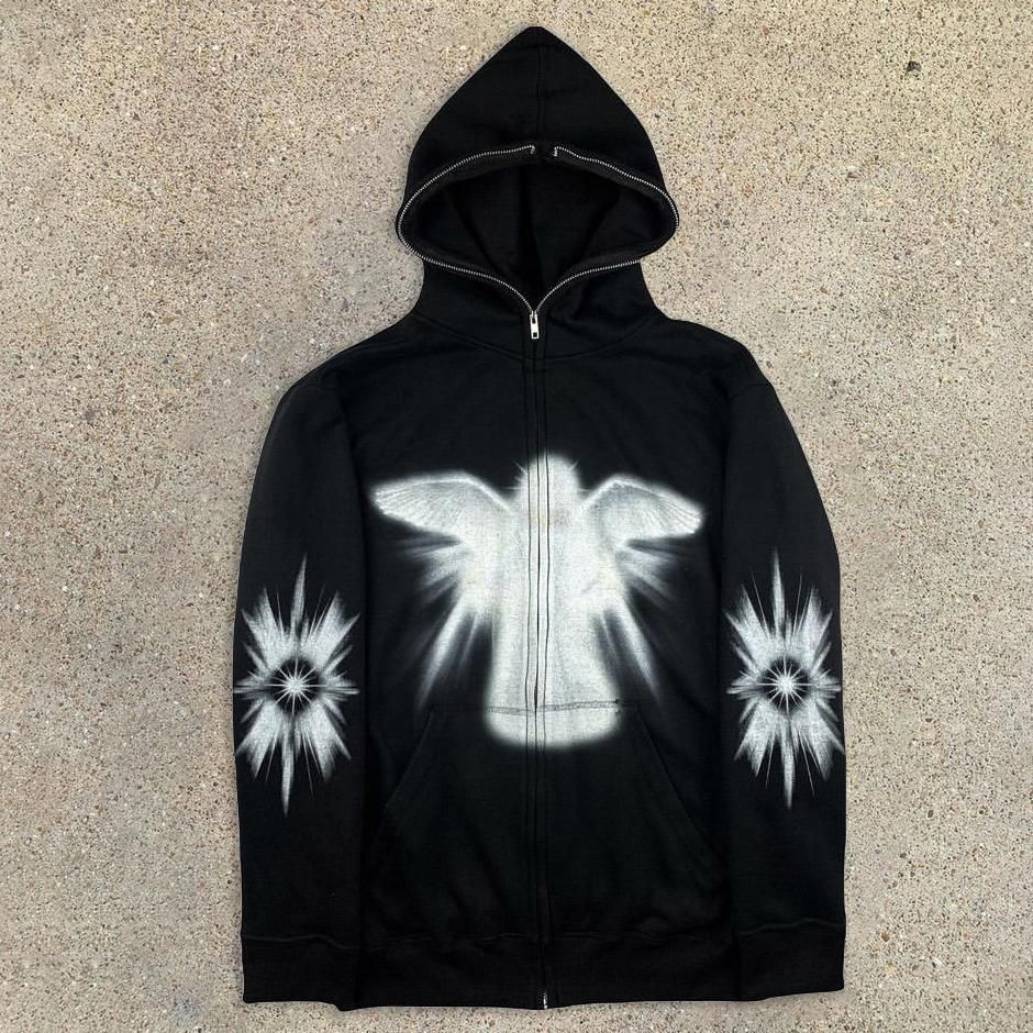 Y2K Angel Print Oversized Hip Hop Zip Up Hoodie Coat for Men