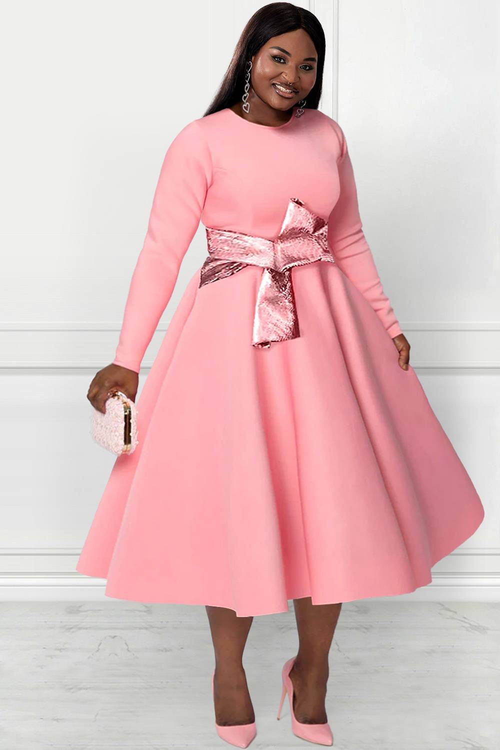 Xpluswear Design Plus Size Formal Midi Dresses Elegant Pink Fall Winter
