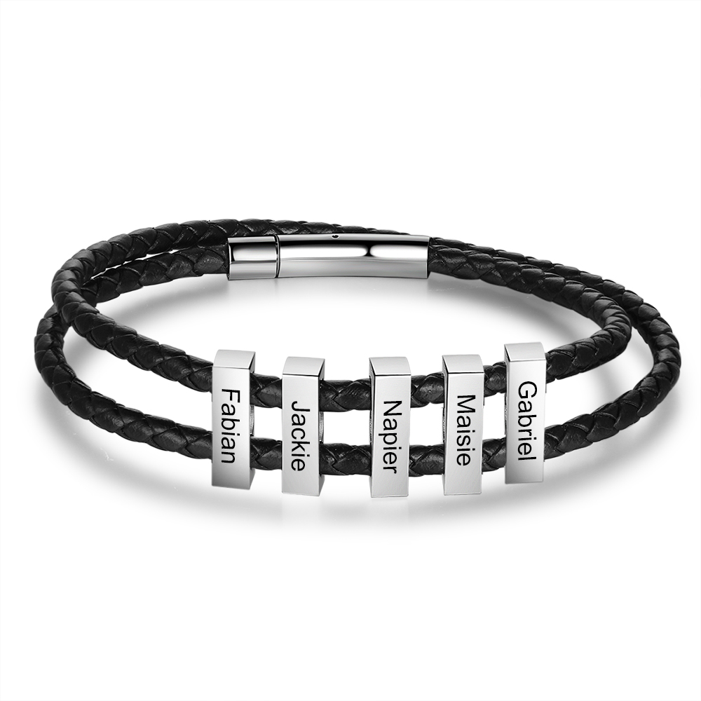 Men Leather Bracelet Engraved 5 Names Two Layer Bracelet