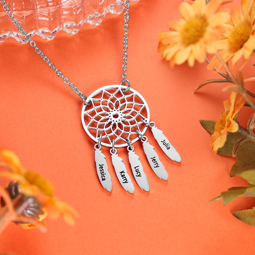Personalized Retro Dream Catcher Necklace Engraved 5 Names Gift For Women