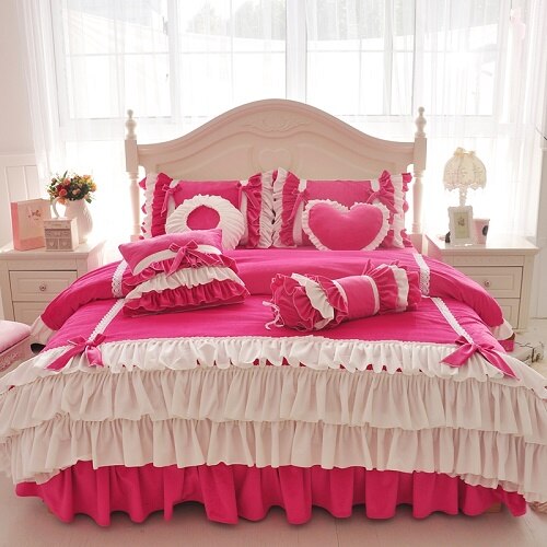 Pink Purple Blue Korean Princess Girl Fleece Fabric Bedding Set White