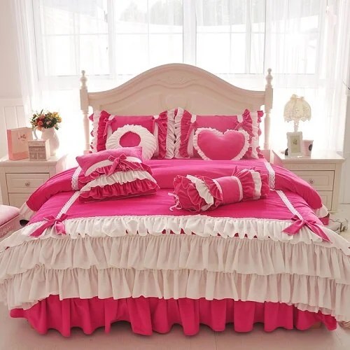 Pink Purple Blue Korean Princess Girl Fleece Fabric Bedding Set White