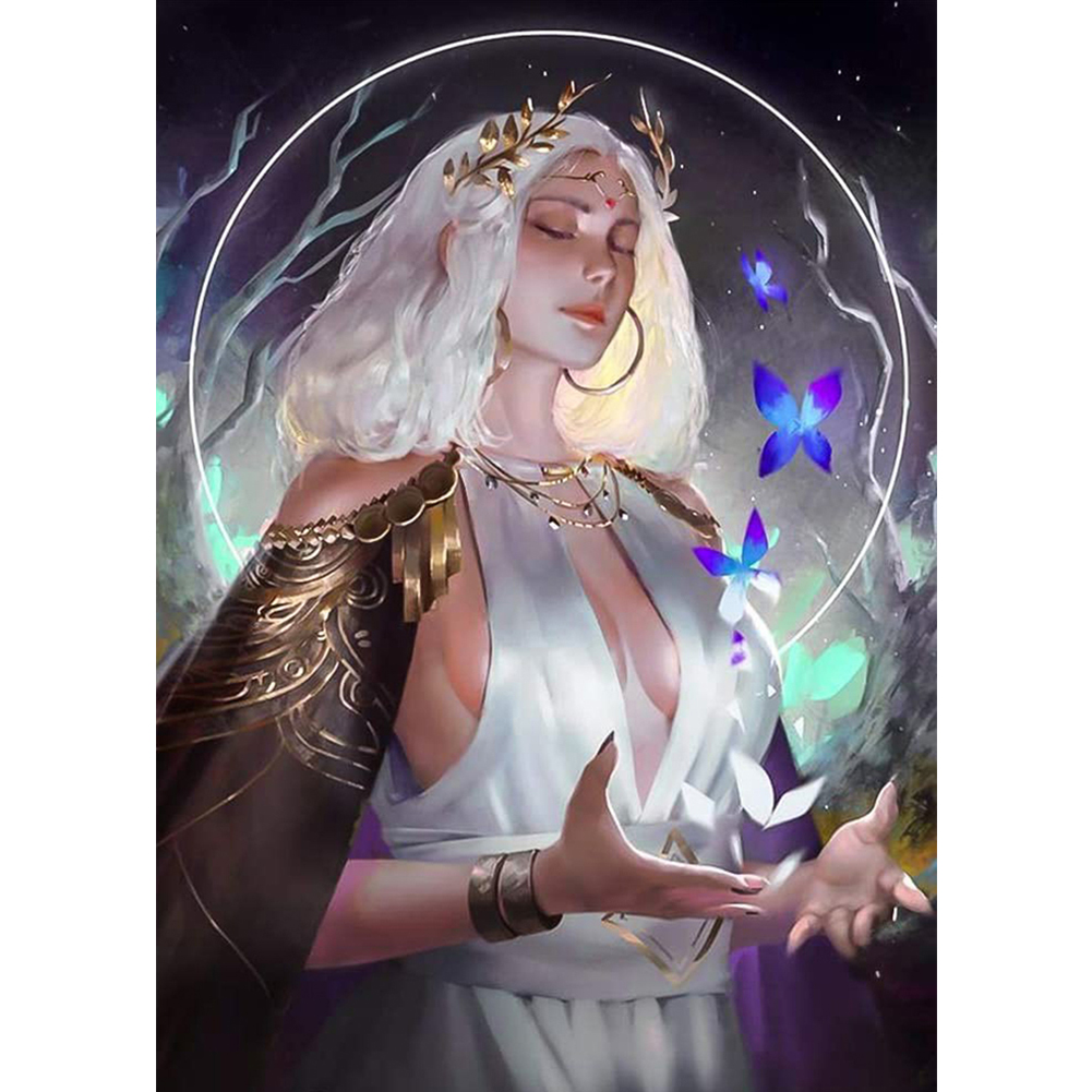 30*40CM Round Drill Diamond Painting White Hair Goddess