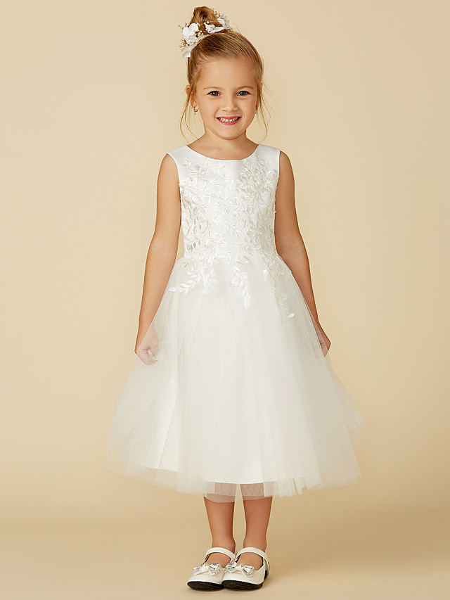 Daisda Sleeveless Jewel Neck ALine Flower Girl Dress Tea Length Lace