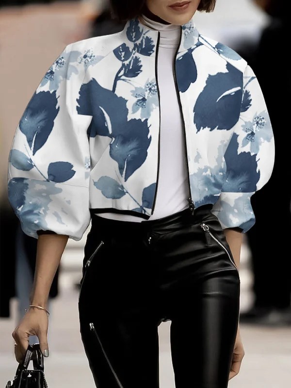 Chic Floral Printed Puff Sleeve Jacket Women's Outerwear