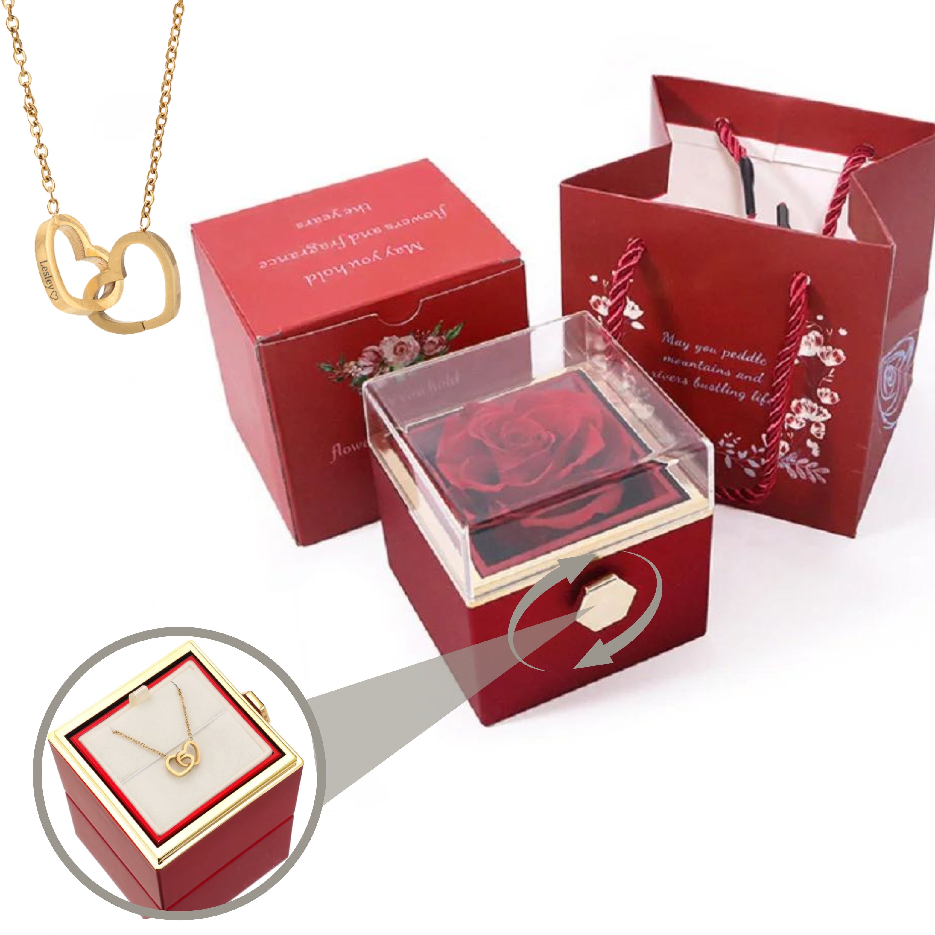 ETERNALLY PRESERVED ROTATING ROSE BOX W/ ENGRAVED HEART NECKLACE