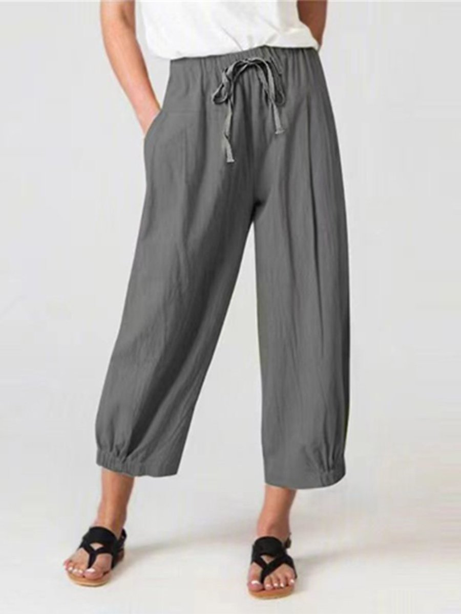Women's Slacks with Cotton and Linen Drawstring Pockets