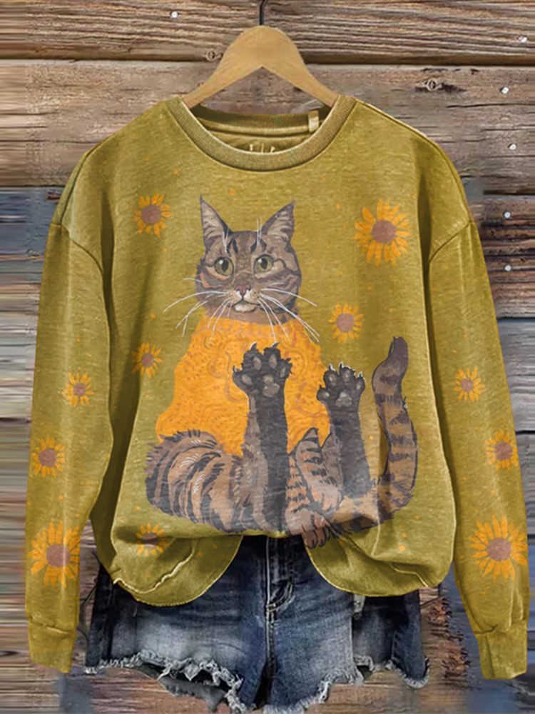 Comstylish Abstract Creative Sunflower With Cat Print Crew Neck Casual