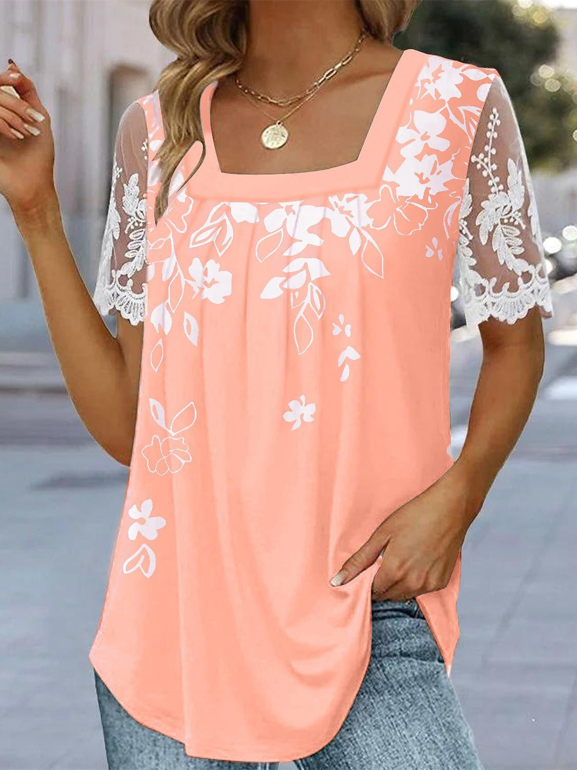 Women Short Sleeve Uneck Floral Printed Lace Tops