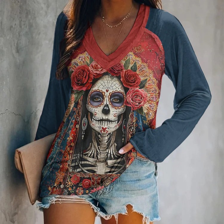 Comstylish Mexican Day Of The Dead Printed VNeck Casual TShirt