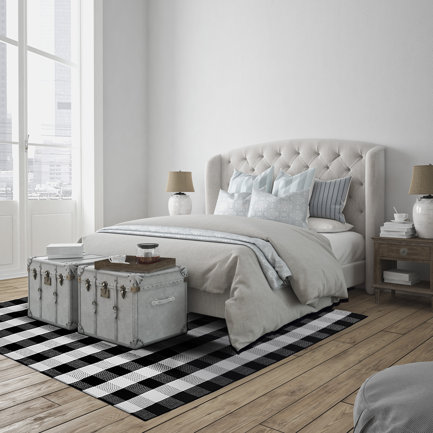 67"X90" (5.6X7.5) Cotton Buffalo Plaid Check Area Rug Large Black