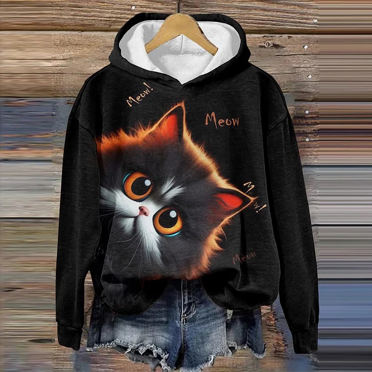 Comstylish Abstract Creative Black Cat Looking At You Print Casual