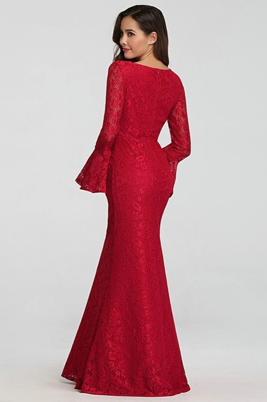 Glamorous Red Lace Prom Dress Mermaid Long Sleeve Evening Gowns On Sale