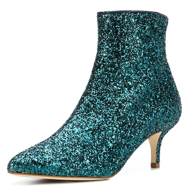Green Glitter Kitten Heel Ankle BootsFSJshoes