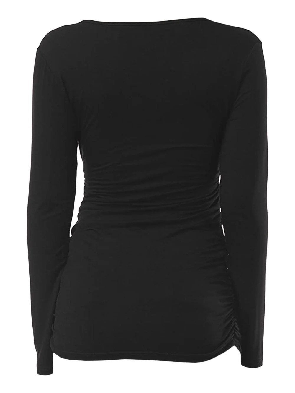 Zingj Women Black Ruched Plunging Long Sleeve T Shirt Autumn Spring V