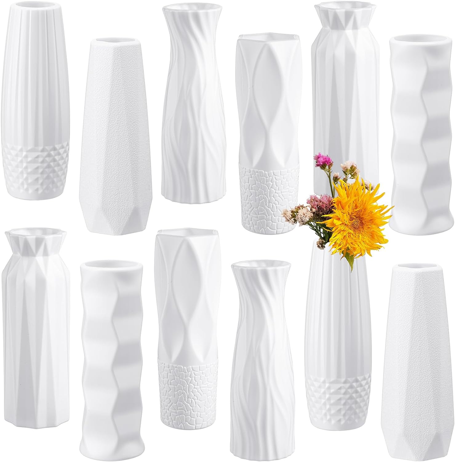 Hoolerry 12 Pcs White Plastic Flower Vases Bulk for Centerpieces White