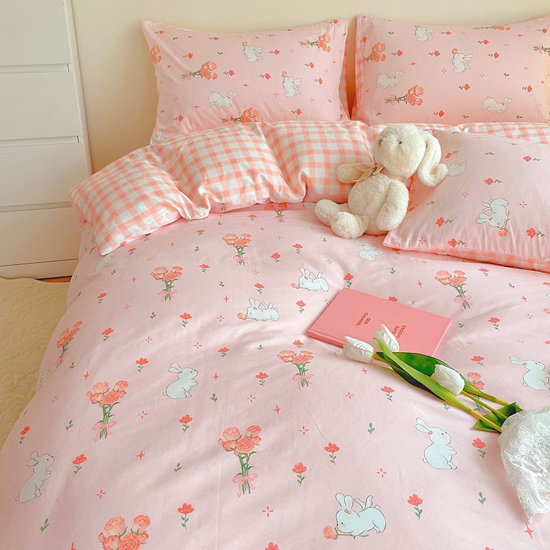 Cute Animals Flower Bedding Set For Double Bed 100 Cotton Twin Full
