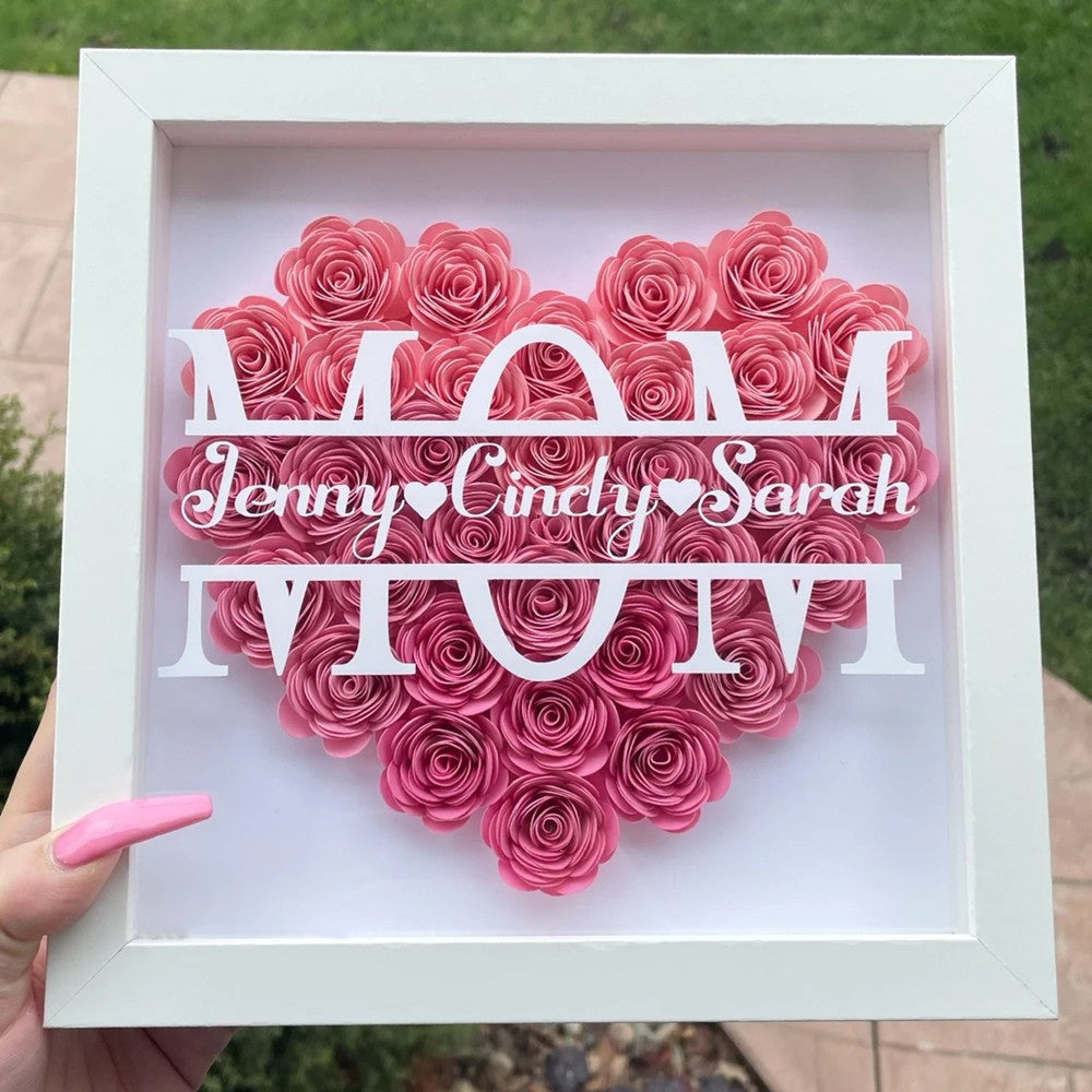 Heart Shaped Monogram Flower Shadow Box Mothers Day Gift MOM / MAMA / MUM / GRANDMA / NANA / MAMAN