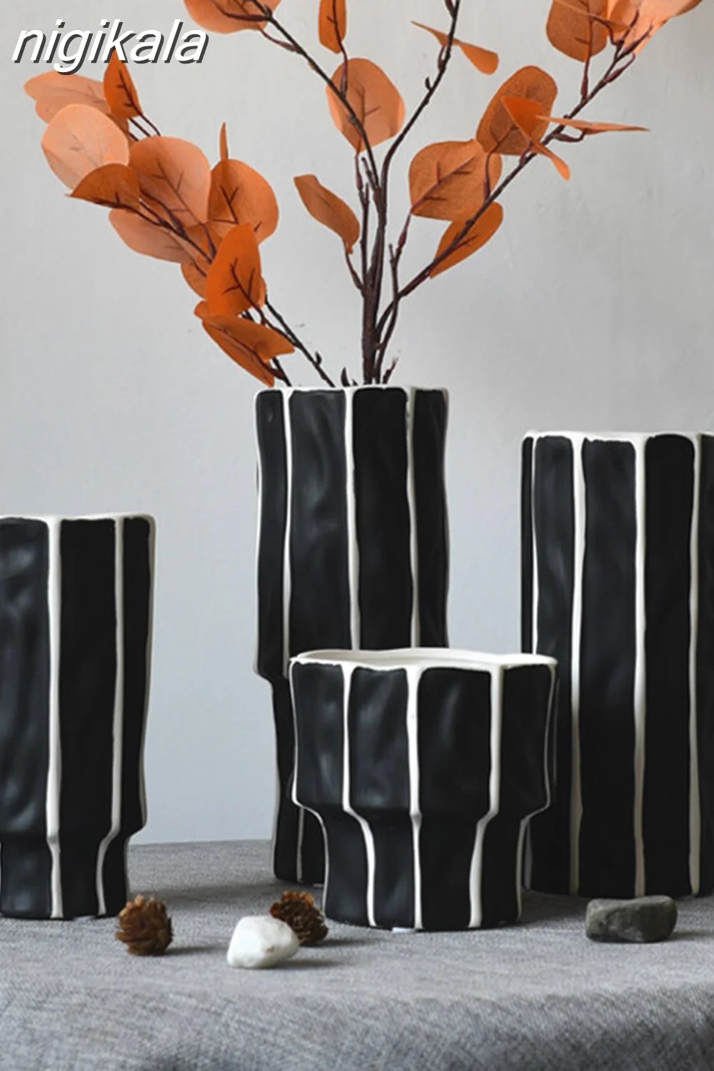 nigikala Black and White Striped Ceramic Vase Desktop Living Room