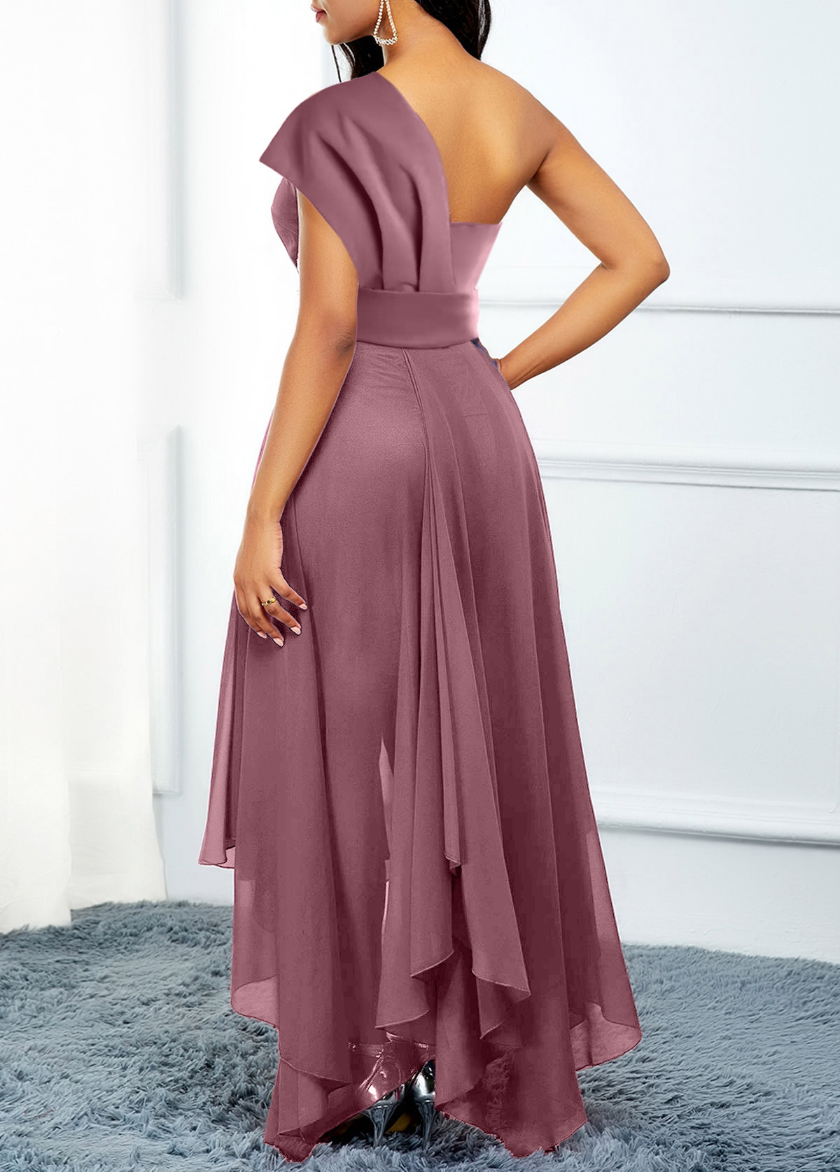 Asymmetric Hem Belted Dusty Pink High Low Dress