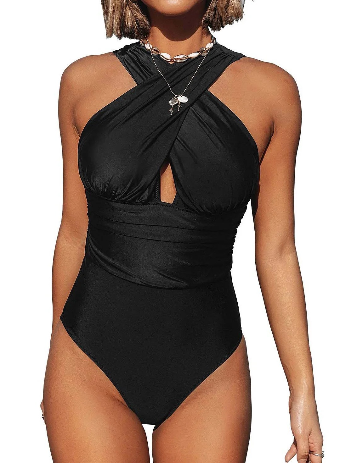 Women's High Neck Criss Cross Ruched One Piece Swimsuit Cut Out Solid