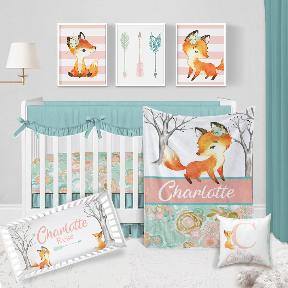 Fox Crib Bedding Set Girl, Woodland Nursery, Mint, Teal, CoralDuckbe