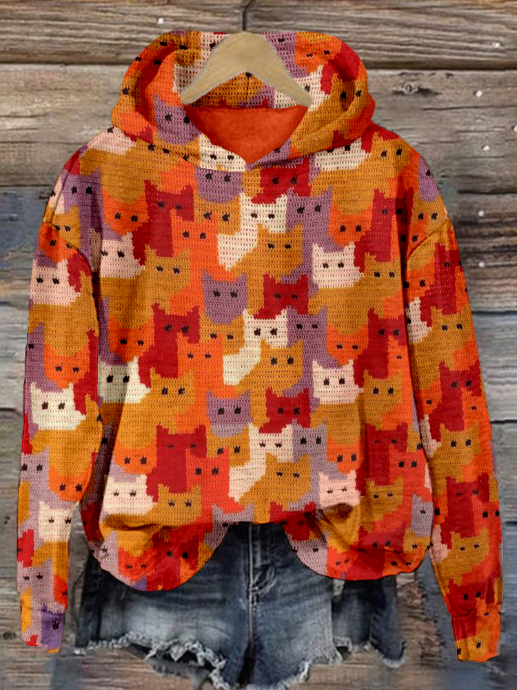 Cute Crowded Cats Knit Art Cozy Hoodie