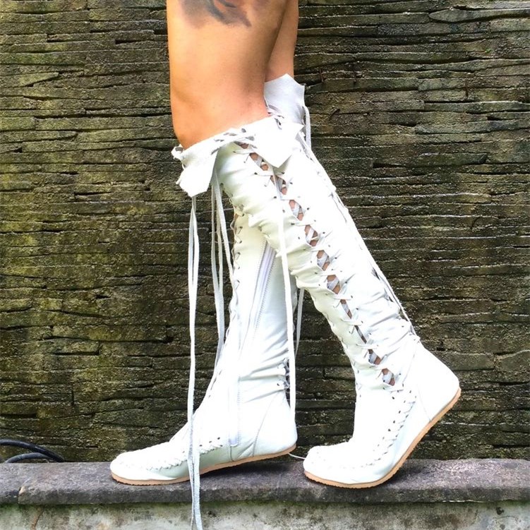 White Lace Up Boots Strappy Flat Knee High BootsFSJshoes