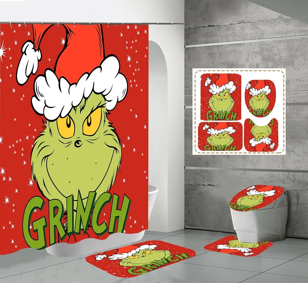 The Grinch Shower Curtain with Hooks Toilet Contour Mat Lid Cover Non