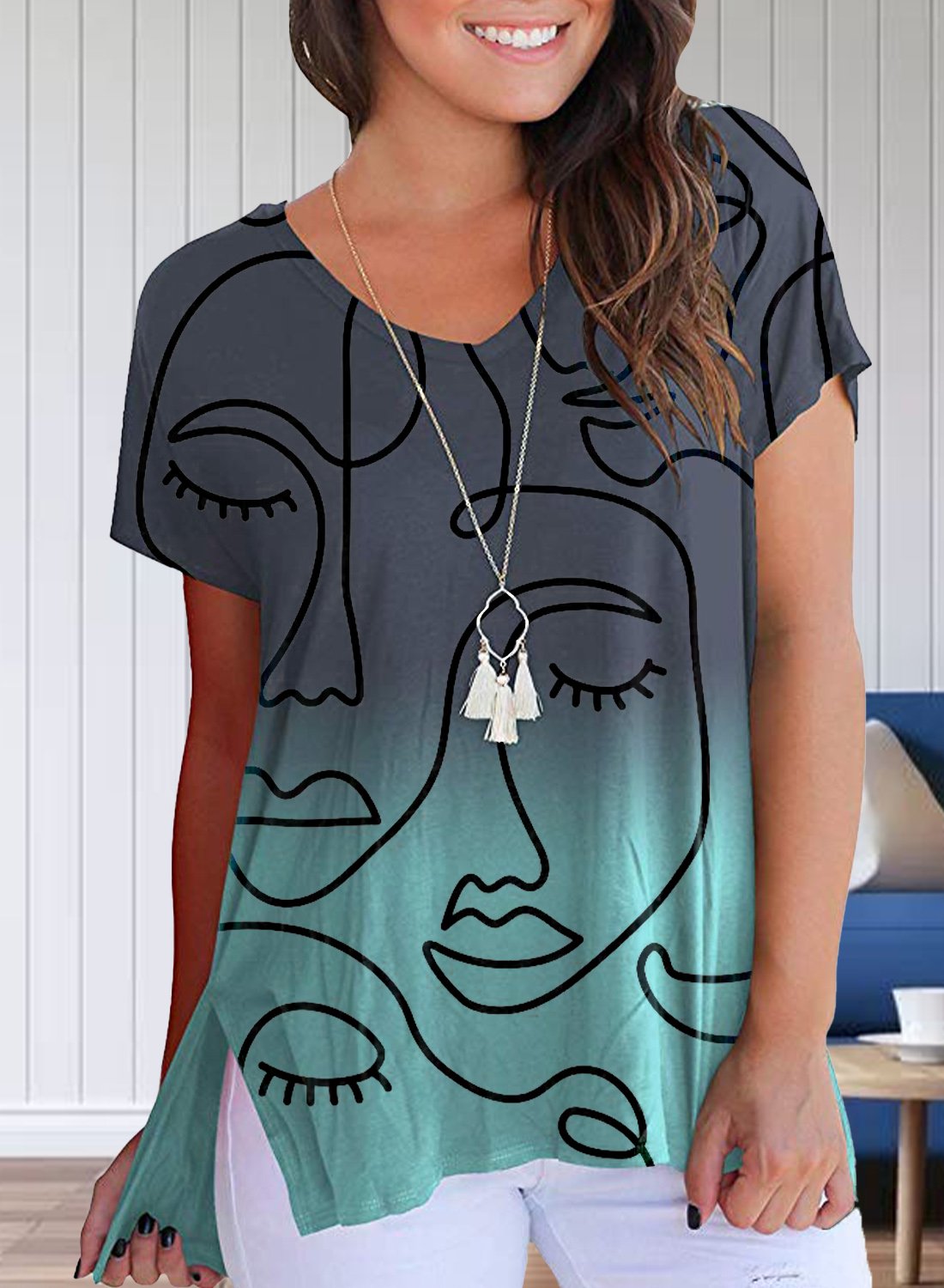 Women's Tshirts Abstract Portrait Print Short Sleeve V Neck Daily Tshirt