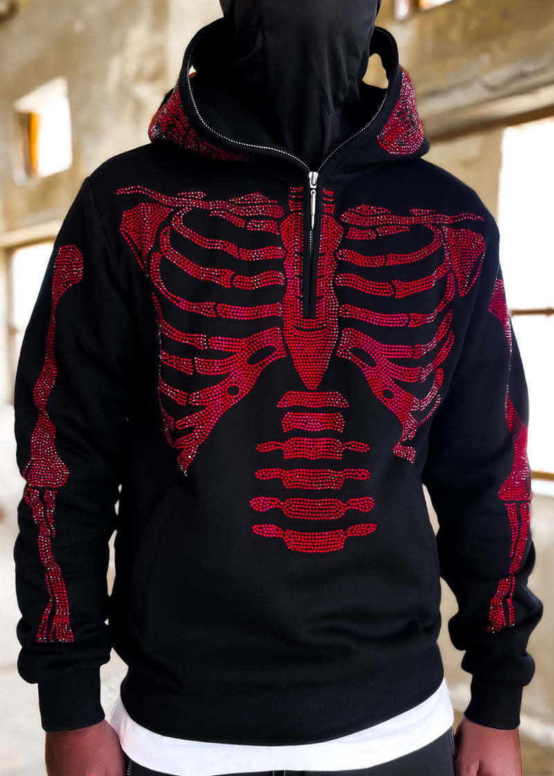 Skeleton Rhinestone Men's Oversized Zip Hoodie Long Sleeve Skull