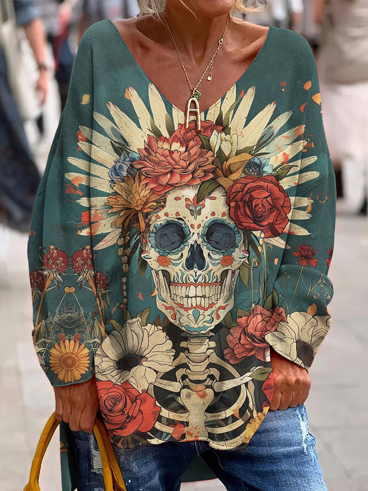 Comstylish Mexican Day Of The Dead Western Skull Print VNeck Loose TShirt
