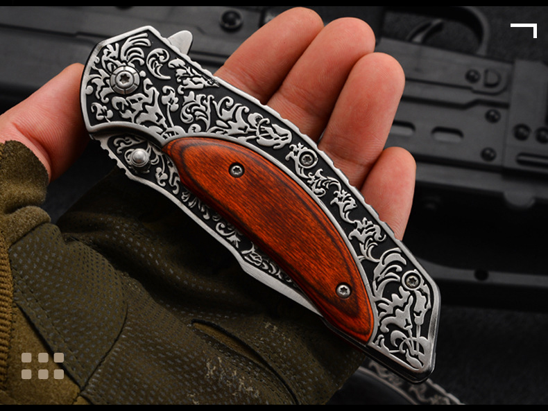 Wooden handle steel carving pocket knife outdoor military dagger Belt Buck