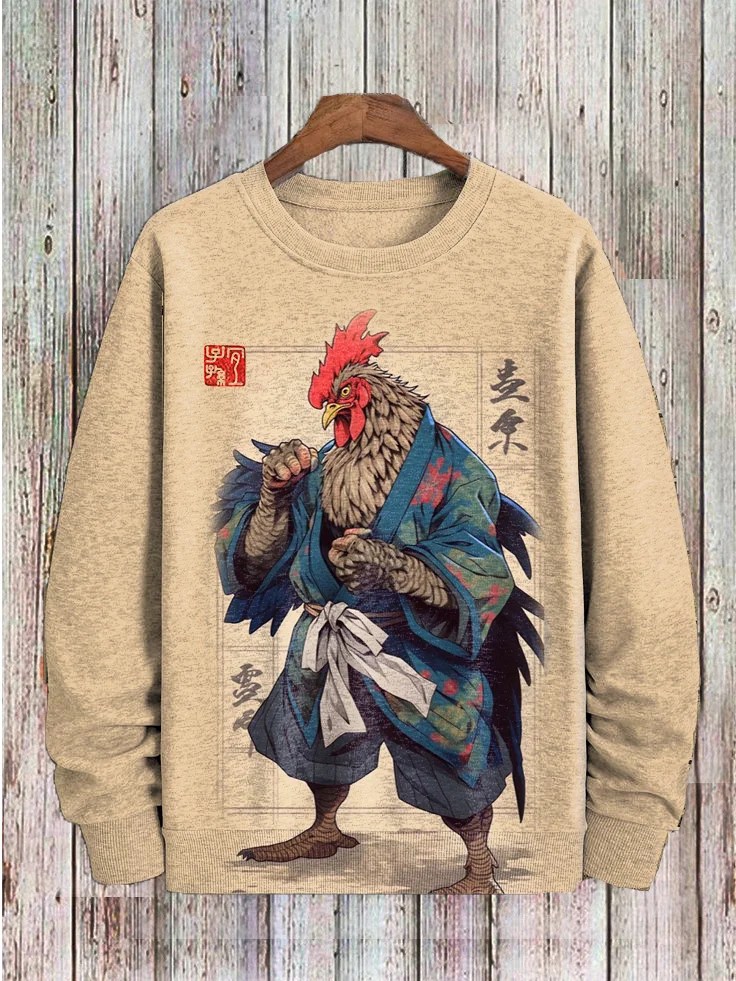 Halarye Men's Japanese Traditional Ink Rooster Samurai Art Print Sweatshirt