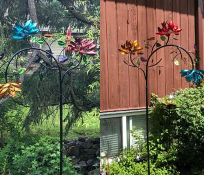 Large Metal Wind Spinner with Three Spinning Flowers and Butterflies