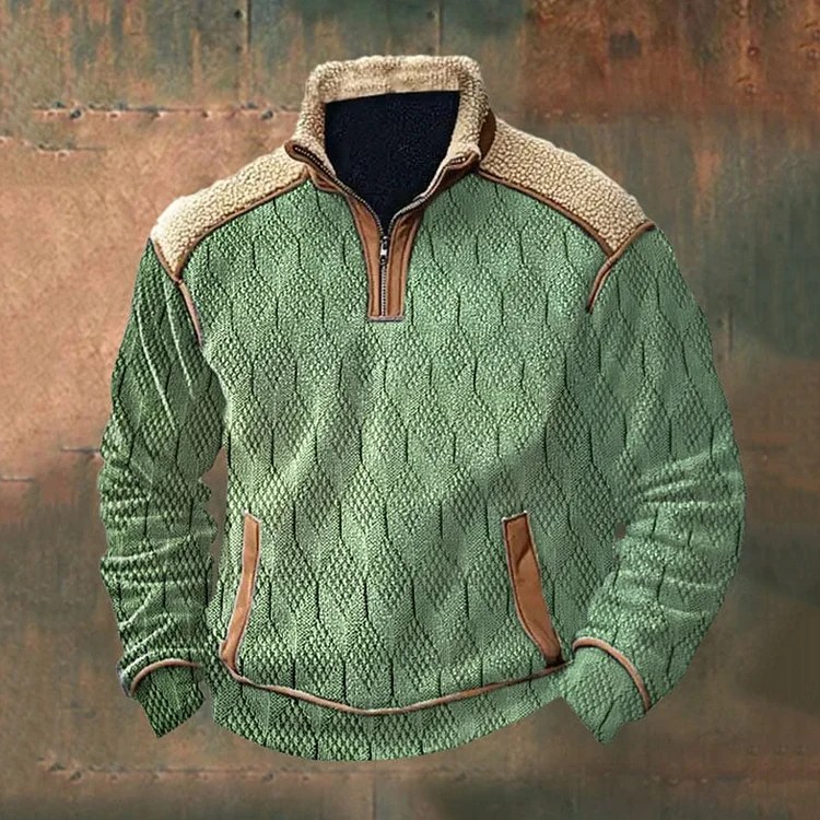 Comstylish Men's Western Retro Textured Stand Collar Zipper Sweatshirt