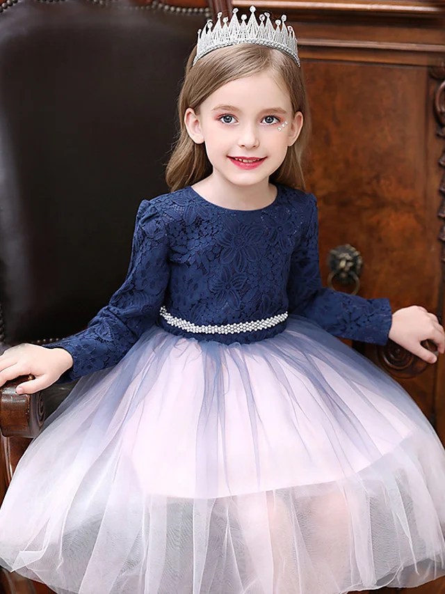 Daisda Long Sleeve Jewel Neck Ball Gown Tea Length Flower Girl Dress
