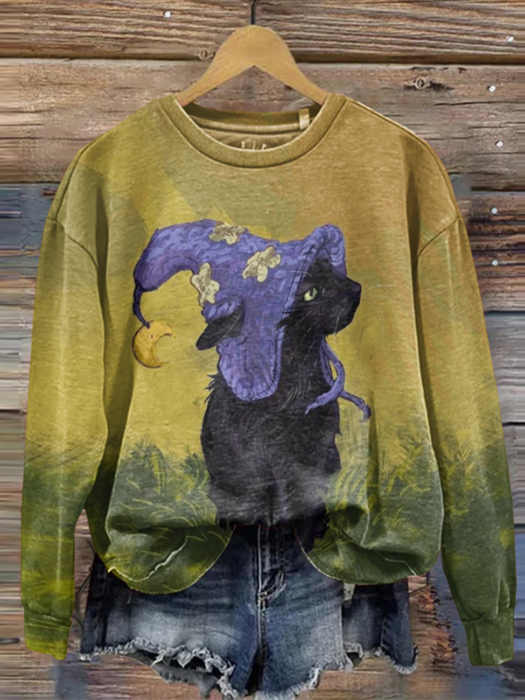 Comstylish Abstract Creative Witch Black Cat Print Crew Neck Casual