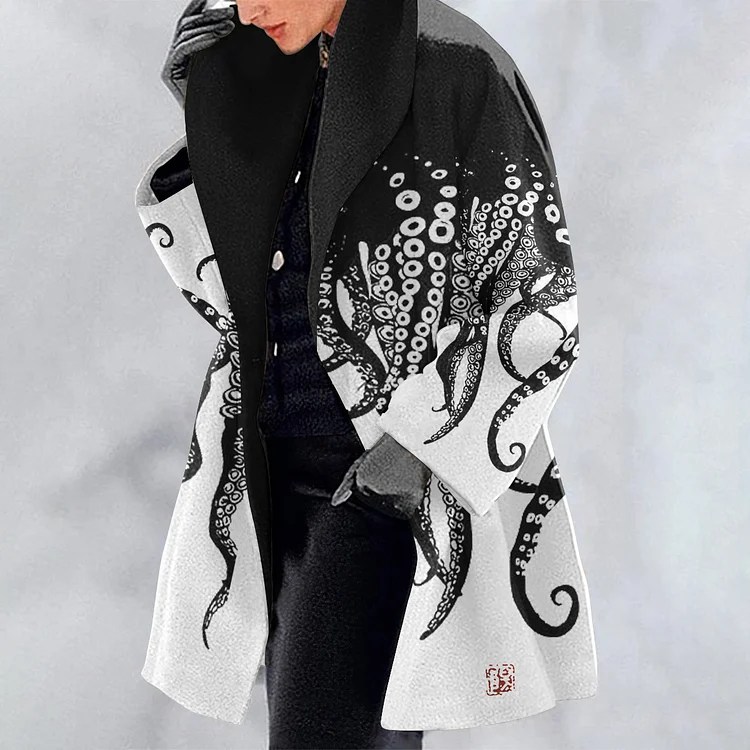 Comstylish Vintage Japanese Art Octopus Legs Art Pattern Print Coat