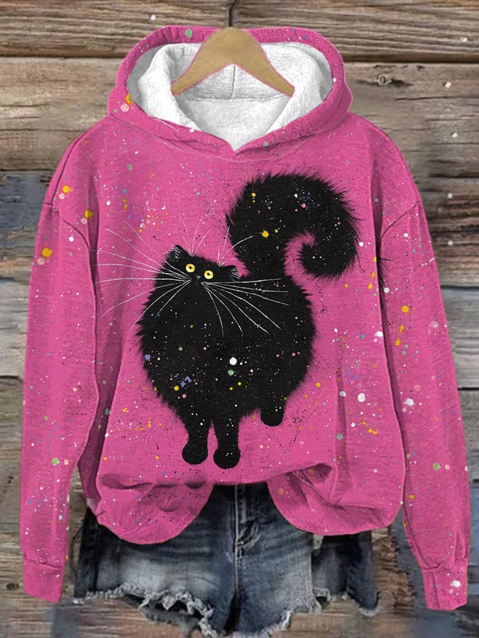 Women's Cute Black Cat Print Hooded Sweatshirt