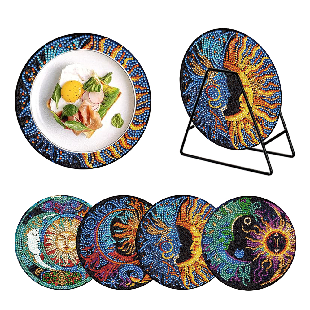 4Pcs DIY Sun And Moon Diamond Painting Placemat With Holder