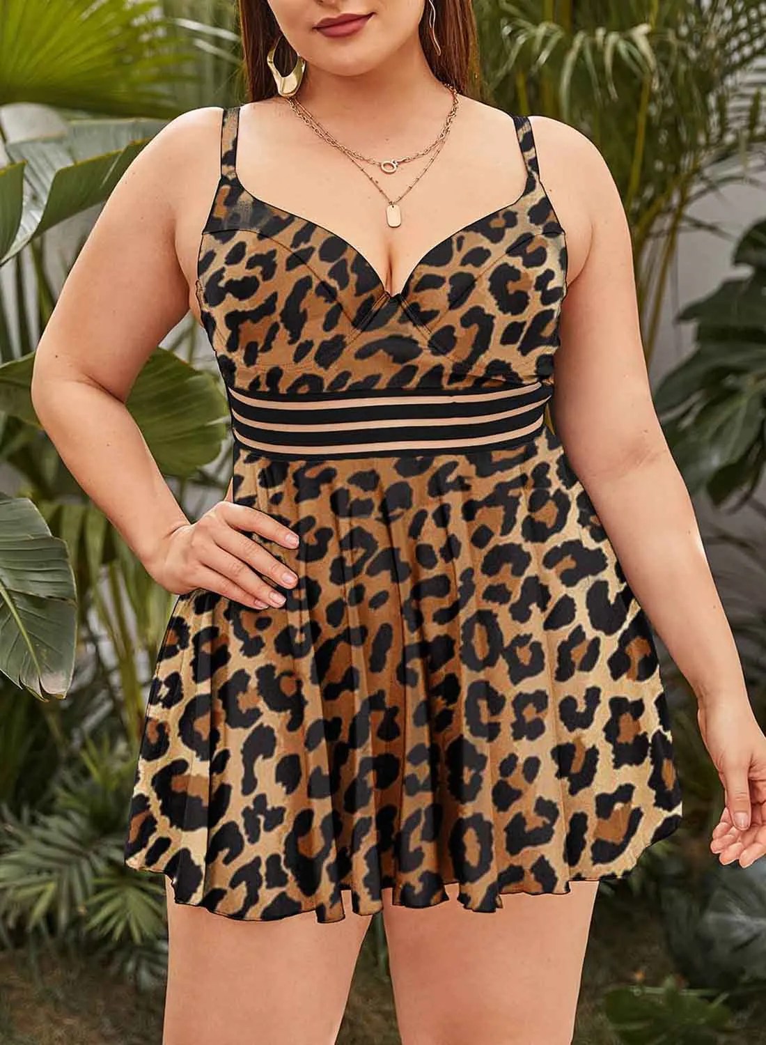 Women's Plus Size Leopard Ruched Swimdress High Wais Contrast Mesh